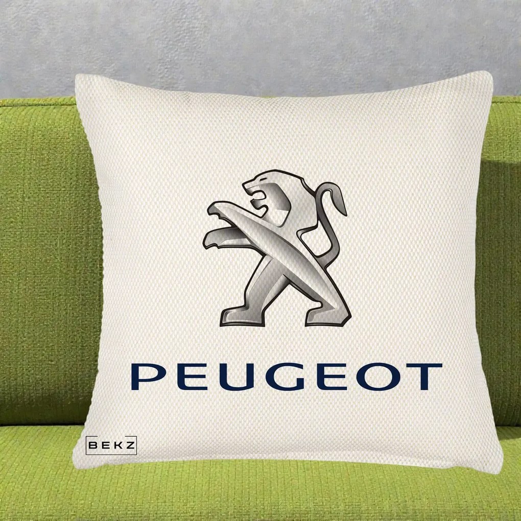 Perna Personalizata cu emblema Peugeot, 40x40 cm, Crem Reliefat, Husa Detasabila, Perna Inclusa, BEKZ®