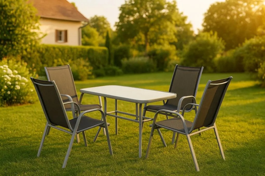 Set de grădină-4 scaune și masă de sticlă-negru