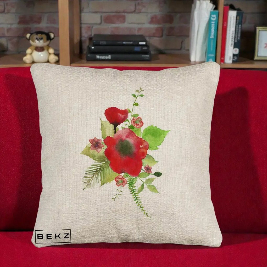 Perna Decorativa Buchet Rosu Acuarela, 40x40 cm, Bej Canapea, Husa Detasabila, Perna Inclusa, BEKZ®