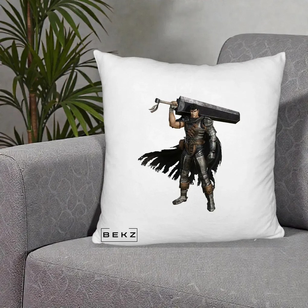 Perna Personalizata Berserk Guts Luptatorul Negru, 40x40 cm, Alb Pufos, Husa Detasabila, Perna Inclusa, BEKZ®