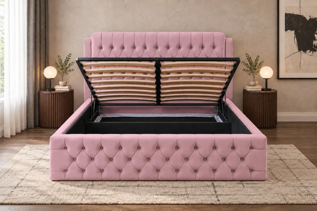Pat tapițat din catifea Aveline 140×200 cm, roz, cu ladă de depozitare