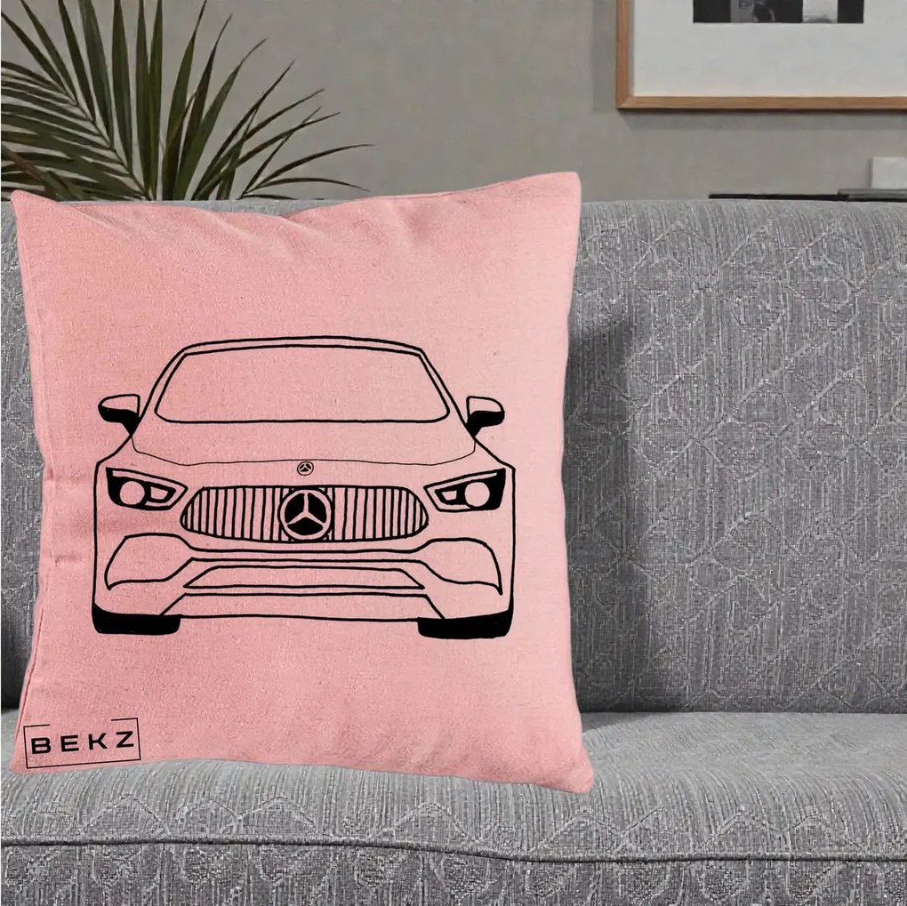 Perna Personalizata Mercedes-Benz Fata Linie, 40x40 cm, Roz, Husa Detasabila, Perna Inclusa, BEKZ®