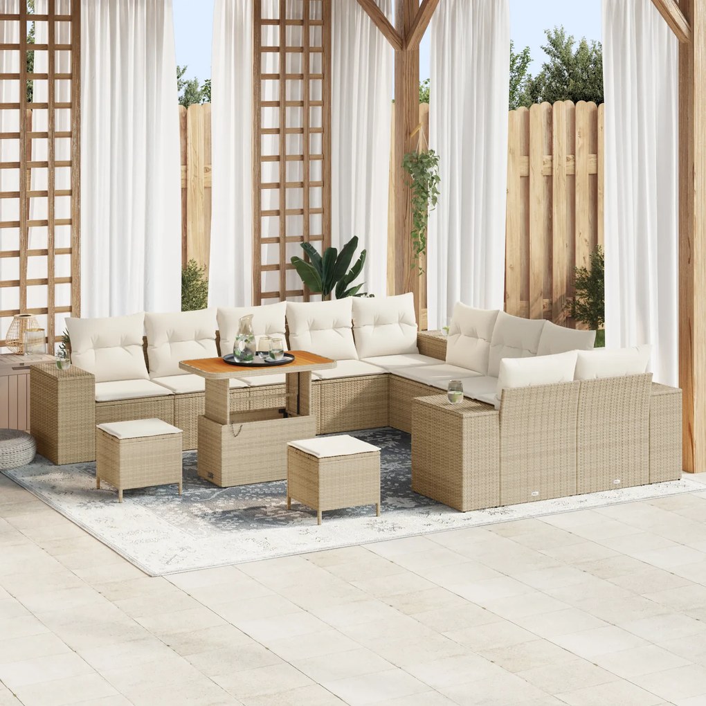 vidaXL Set de canapele pentru grădină , 13 piese, cu perne, din rattan poly și acacia, bej.