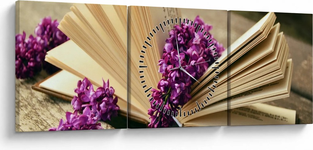 Tablou cu carte și floare violetă (cu ceas) (90x30 cm)