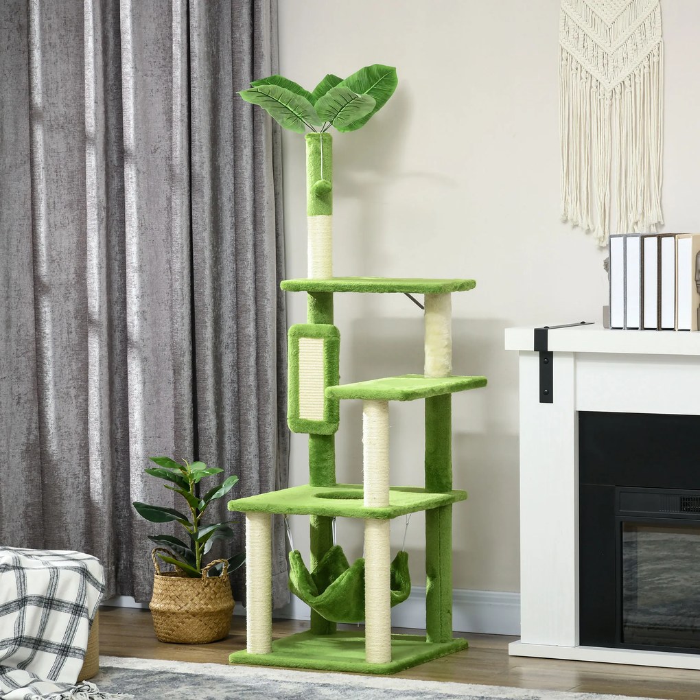 PawHut Copac Pisici 142cm cu Hamac Stâlp Zgârieturi Minge Verde 49x49x142cm | Aosom Romania