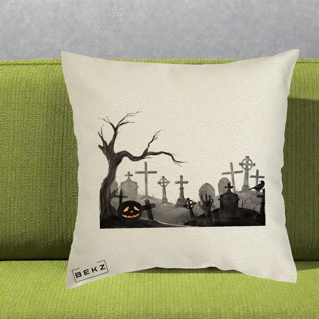 Perna Decorativa Halloween Cimitir Acuarela cu Dovleac, 40x40 cm, Ecru, Husa Detasabila, Perna Inclusa, BEKZ®