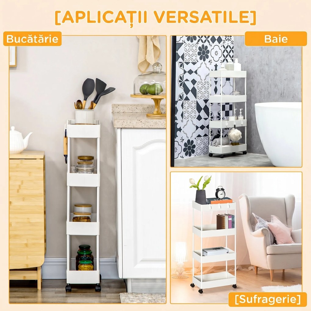HOMCOM Cărucior Bucătărie Multifuncțional cu 4 Polițe și 3 Cârlige, Oțel și Plastic, 40x19x90 cm, Alb | Aosom Romania