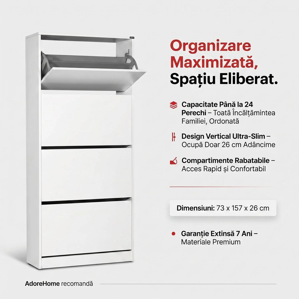 Pantofar Adore Max XL, 24 Perechi, 4 Compartimente, 73x157x26 cm