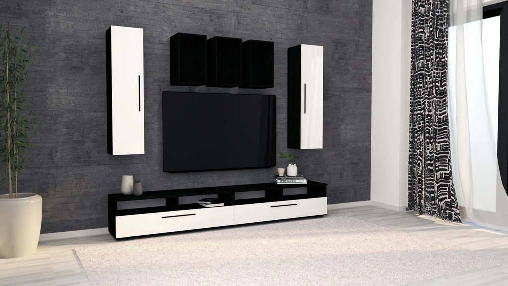 Living haaus Haga V9, Alb Lucios/Negru, MDF, L 240 cm