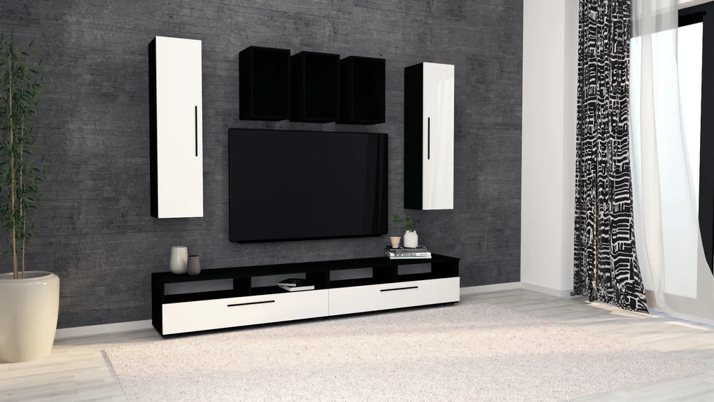 Living haaus Haga V9, Alb Lucios/Negru, MDF, L 240 cm