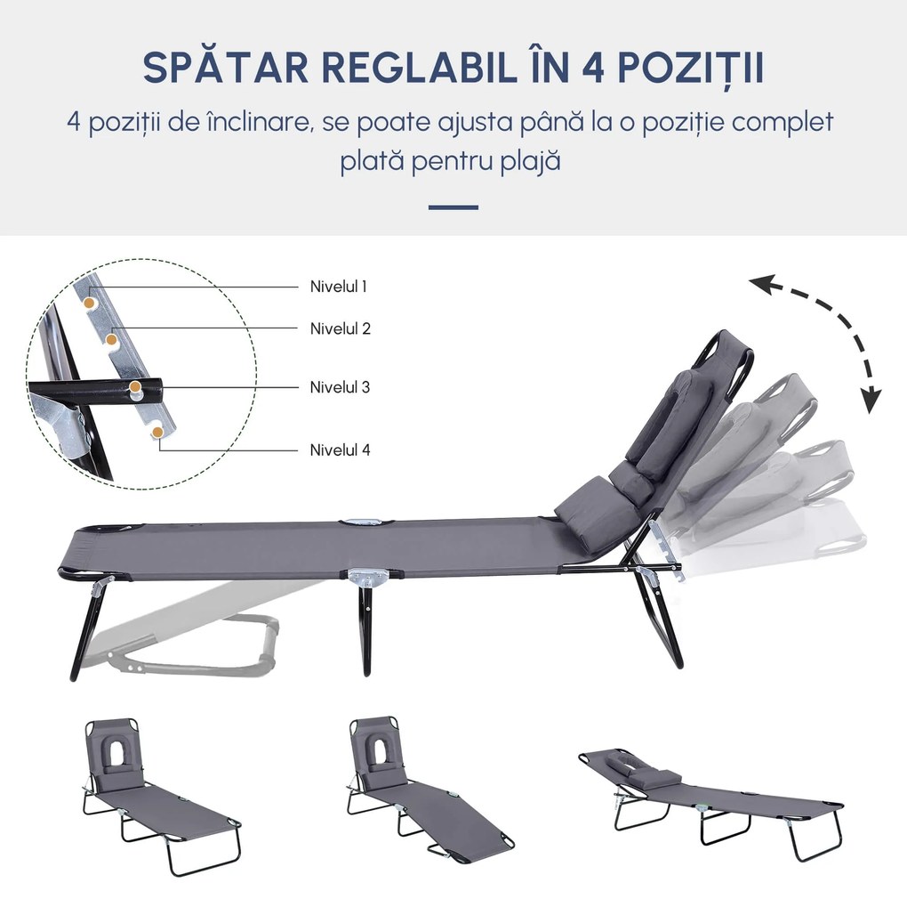 Sezlong Relax Outsunny Pliabil din tesatura Oxford respirabila, structura din otel, Gri | Aosom RO