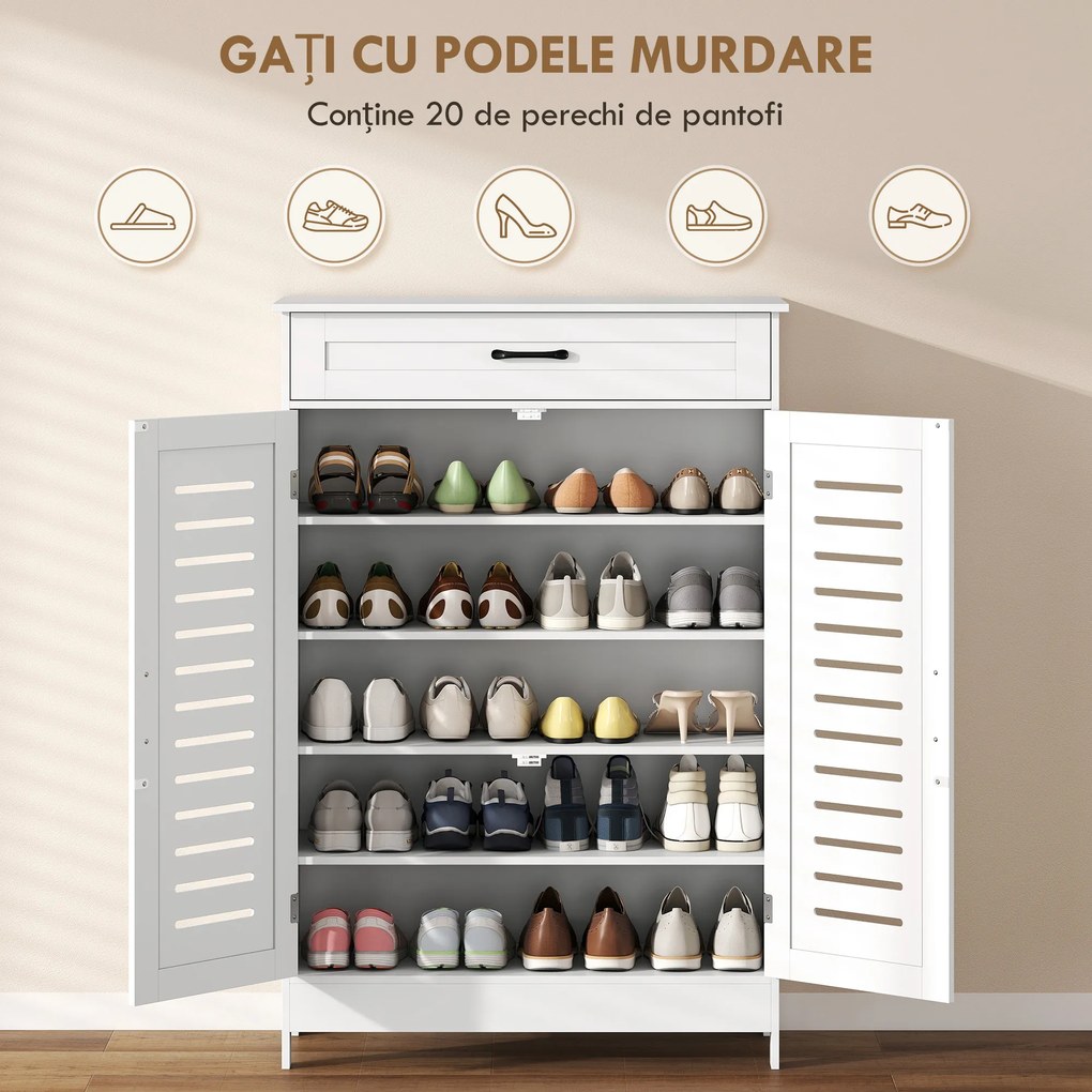 HOMCOM Pantofar pentru Hol cu 2 Uși cu Lamele, 5 Niveluri, Rafturi Reglabile, pentru 20 Perechi de Pantofi, 78x37x115,8 cm, Alb | Aosom Romania