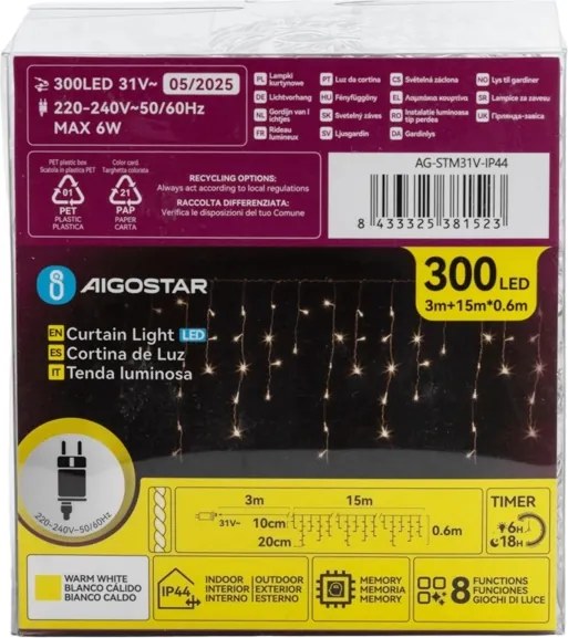 Lanț LED decorativ de exterior Aigostar 75xLED/6W/230V 15x0,6m IP44 alb cald