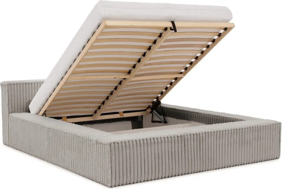 Pat matrimonial gri tapițat cu spațiu de depozitare cu somieră 200x200 cm Cloe – Ropez