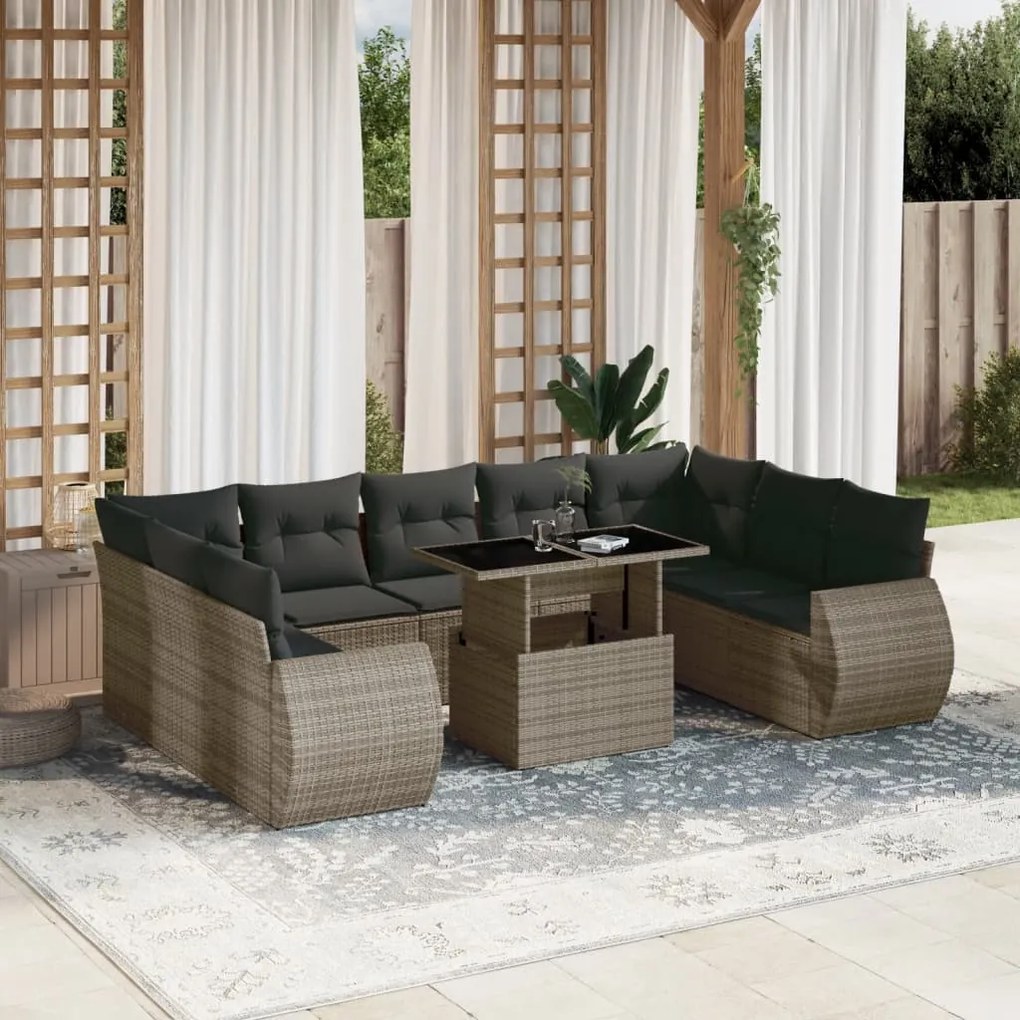vidaXL Set mobilier de grădină cu perne, 10 piese, gri, poliratan