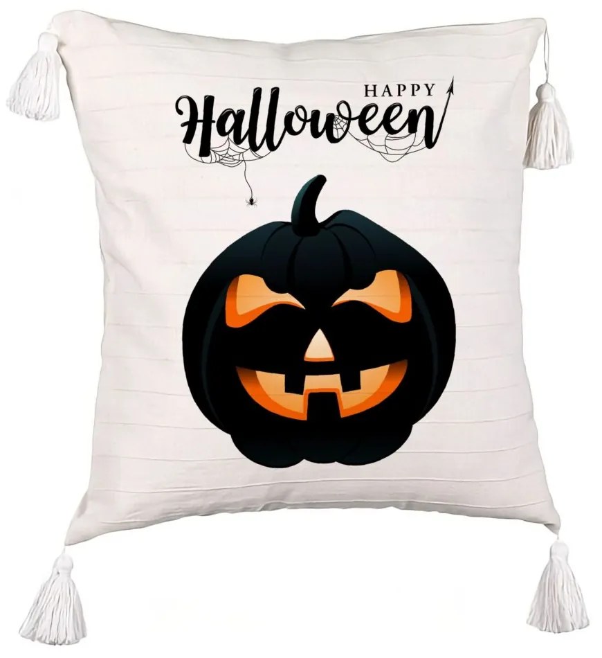 Perna Decorativa cu Franjuri cu motiv Dovleac de Halloween si Text, 45x45 cm, Ecru, Cu fermoar