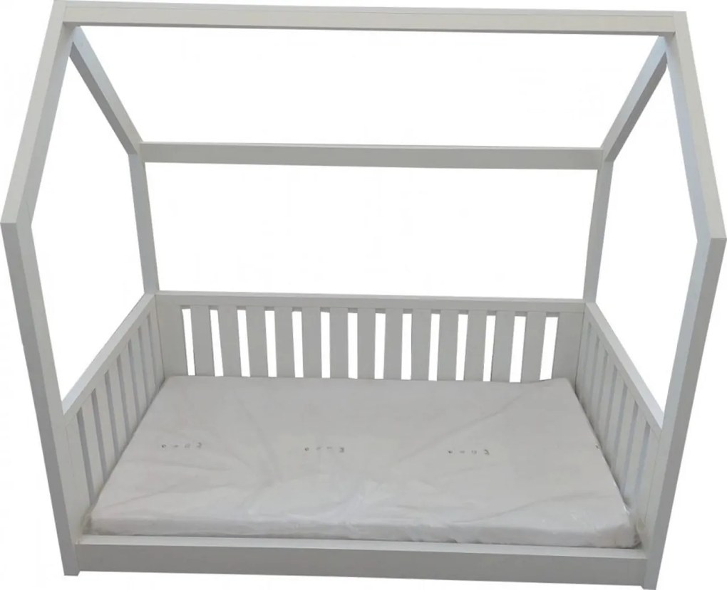 Pat tip casuta pentru copii NOVOKIDS™ Lovely Little House, 160x80 CM, Set cu Saltea din Spuma MATSEN® 10 CM Inclusa, Pal 18 mm, Margini anti-lovire,