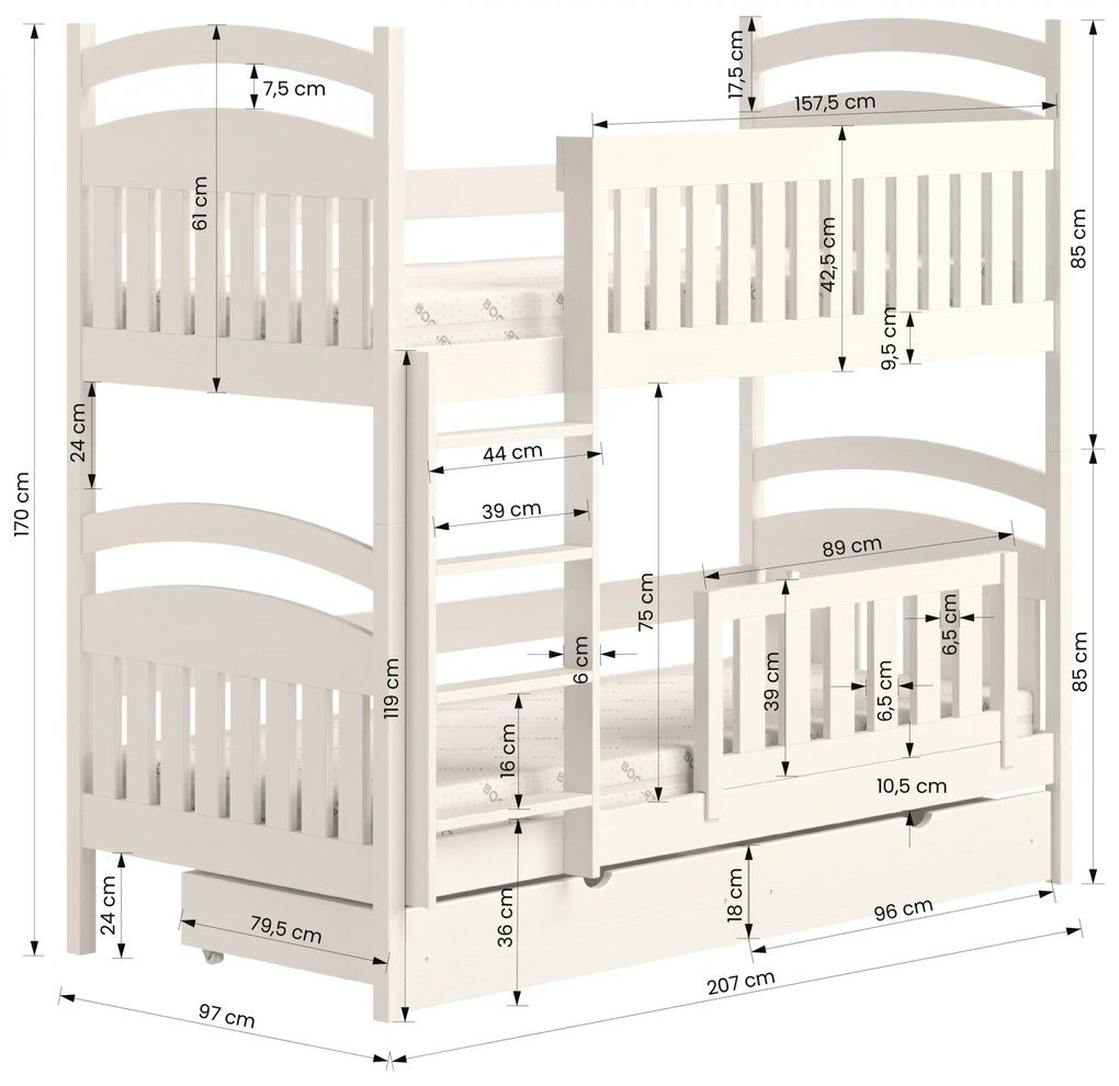 Pat supraetajat din lemn Amely 90x200 - culoare alb