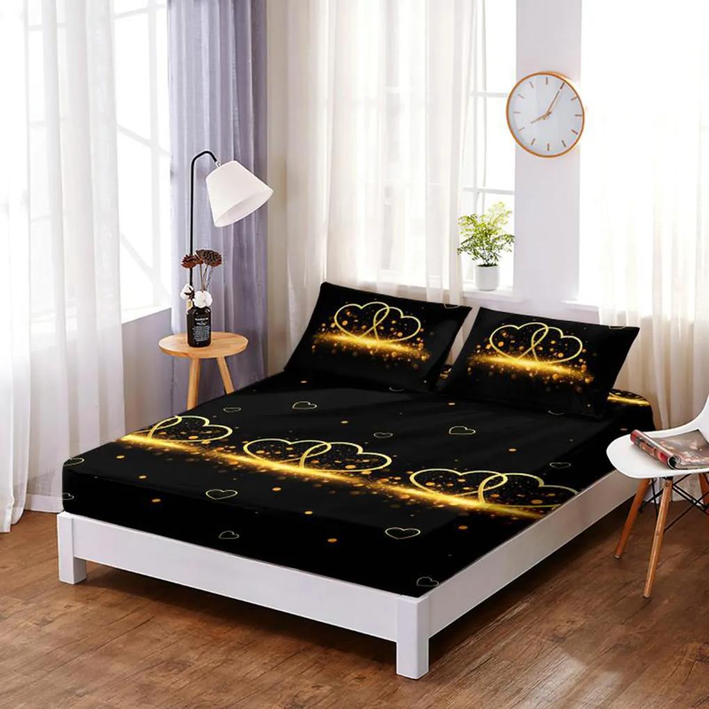 Husă de pat din FINET cu elastic si 2 fete de pernă, Gold Hearts 160x200