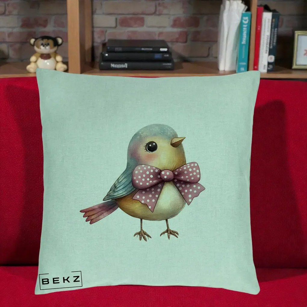 Perna Decorativa Pasare Bleu cu Fundita Roz, 40x40 cm, Verde Menta, Husa Detasabila, Perna Inclusa, BEKZ®
