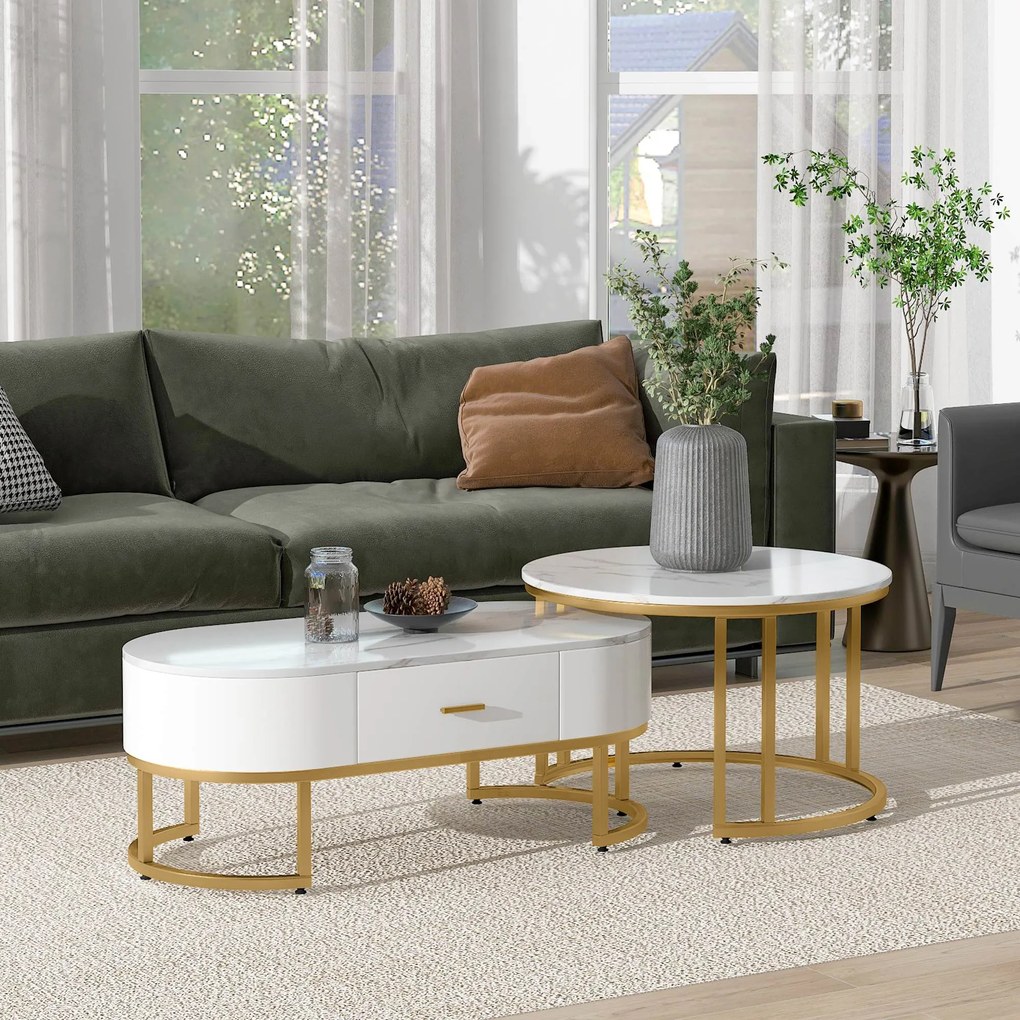 Set de 2 Măsuțe de Cafea Moderne cu Structură din Metal Auriu și Rafturi Spațioase, Dimensiuni 100x48x38,5 cm și 70x70x44,5 cm, Alb