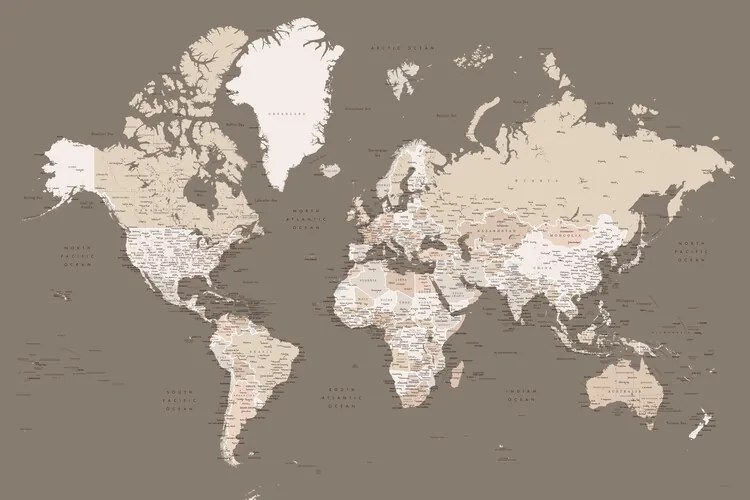 Harta Earth tones detailed world map with cities, Blursbyai