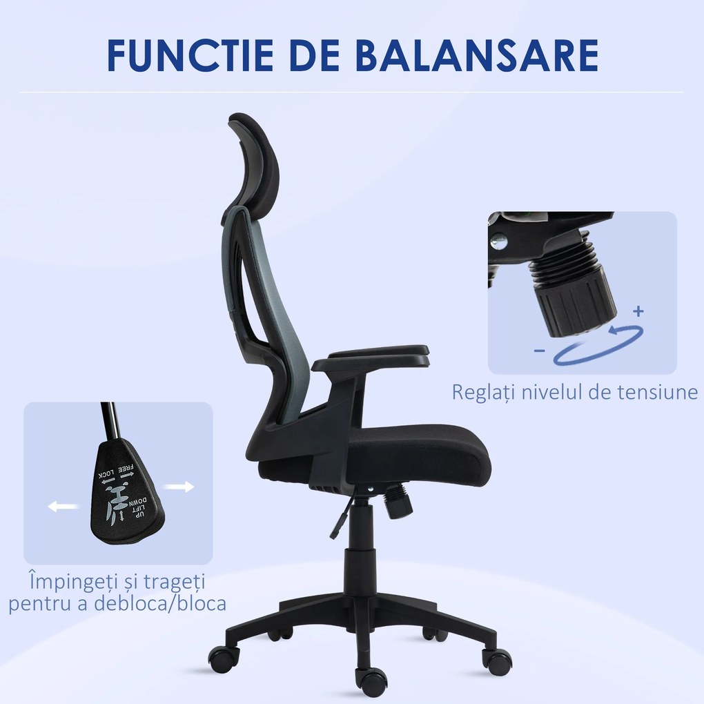 HOMCOM Scaun Ergonomic de Birou cu Suport Lombar, Tetieră și Înălțime Reglabilă, 66x58x115-123 cm, Negru | Aosom Romania