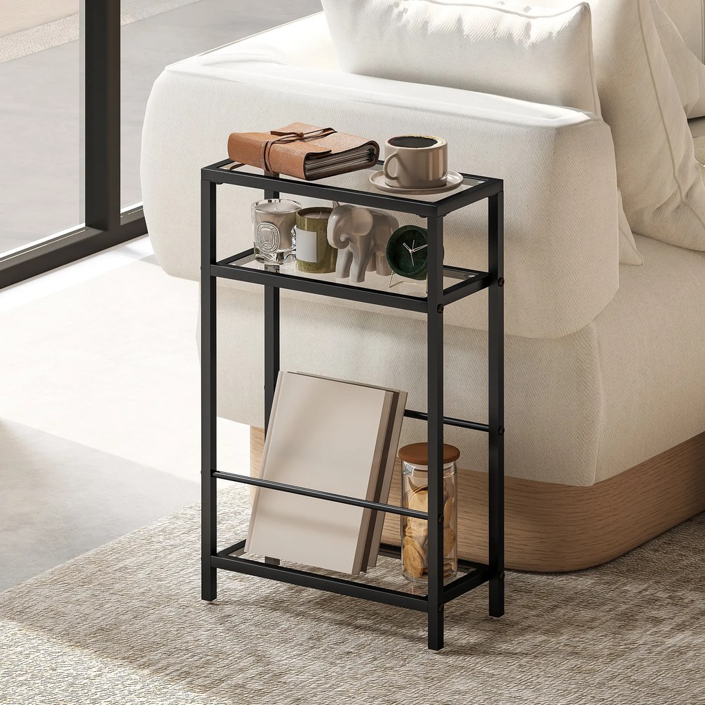 HOMCOM Măsuță de Cafea cu 3 Rafturi din Sticlă și Oțel 40x18x62 cm Negru | Aosom Romania