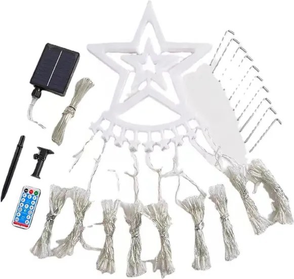 Instalatie solara perdea cu varf stea, 350 leduri, 9 franjuri, albastru