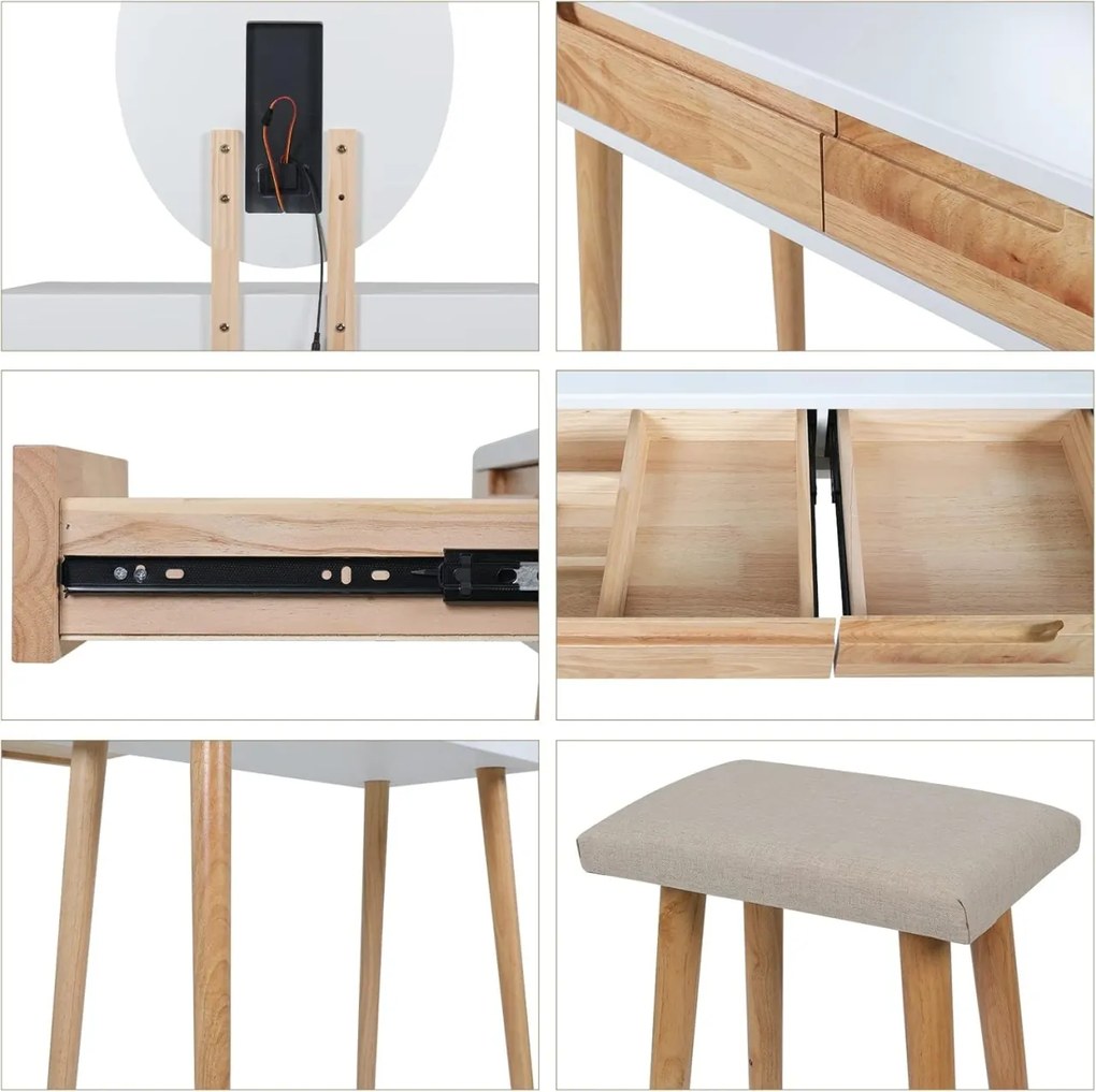 Masuta machiaj cu Oglinda LED si 2 Sertare pentru Cosmetice, Set Masa toaleta 70 cm, Alb, masuta cosmetica, vanity - SEM235