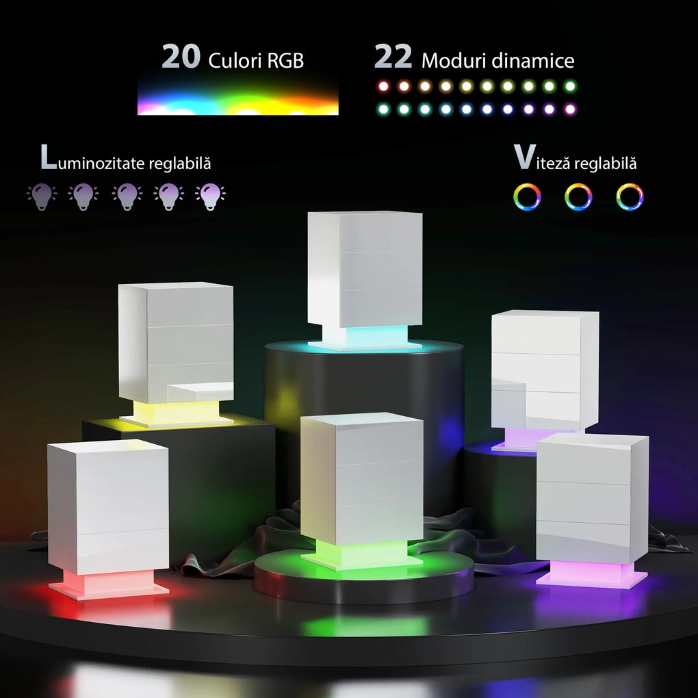 HOMCOM Noptieră cu Lumini LED Reglabile, 3 Sertare și Telecomandă, 40x35x60 cm, Alb | Aosom Romania