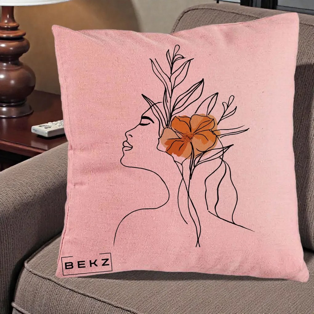 Perna Decorativa Portret Feminin Floare Portocalie Lateral, 40x40 cm, Roz, Husa Detasabila, Perna Inclusa, BEKZ®