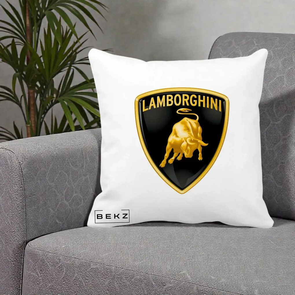 Perna Personalizata cu emblema Lamborghini, 40x40 cm, Alba Mata, Husa Detasabila, Perna Inclusa, BEKZ®