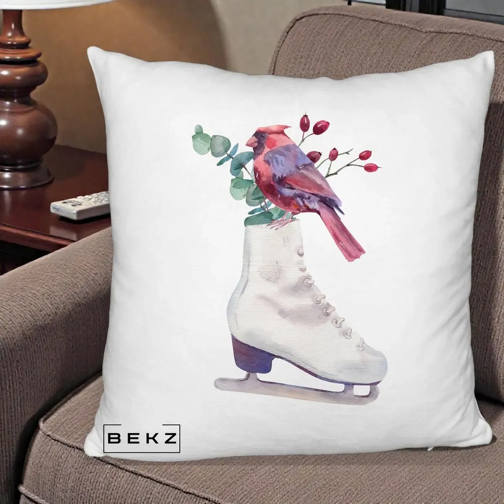Perna Decorativa Cardinal Rosu pe Patina de Gheata, 40x40 cm, Alb Pufos, Husa Detasabila, Perna Inclusa, BEKZ®