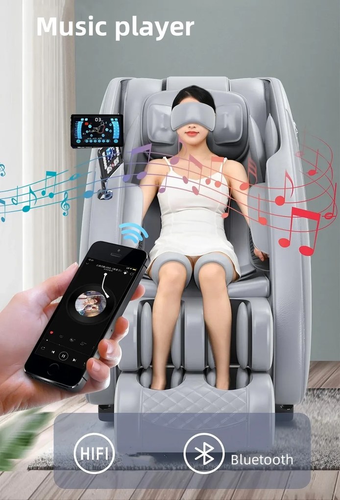 Fotoliu de Masaj TROIAN, cu Incalzire, AI Voice, Tableta touch screen, Bluetooth, Display, Zero Gravity, 2 Boxe, Moduri Automate, PU