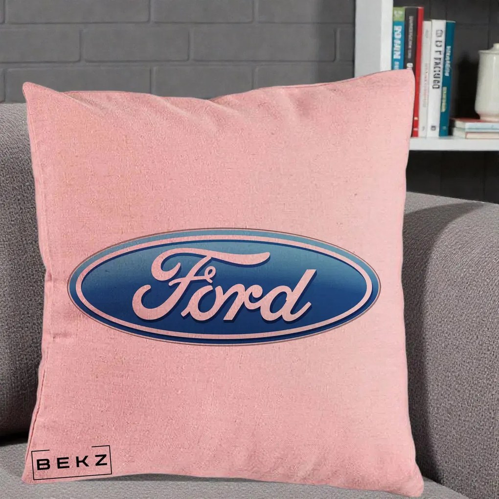 Perna Personalizata cu emblema Ford, 40x40 cm, Roz, Husa Detasabila, Perna Inclusa, BEKZ®