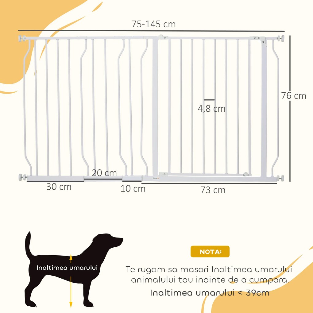 Poarta de Siguranta PawHut pentru Caini din Otel si ABS, Portita pentru Caini Extensibila 75-145cm pentru Scari si Usi, Alb | Aosom Romania