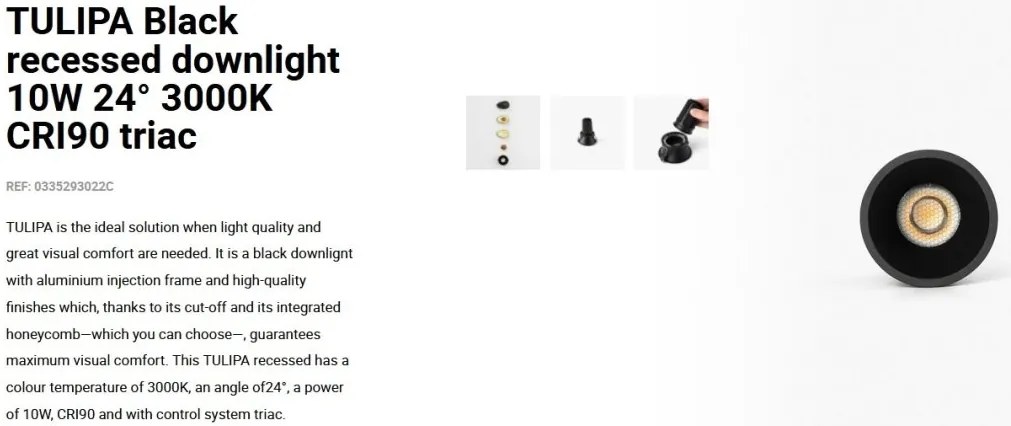 Spot LED incastrabil TULIPA Black recessed downlight 10W 24° 3000K CRI90 triac