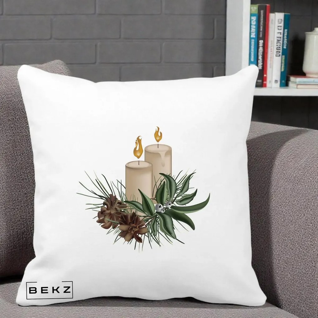 Perna Decorativa Lumanari cu Ilex si Conuri Ilustratie, 40x40 cm, Alba Mata, Husa Detasabila, Perna Inclusa, BEKZ®