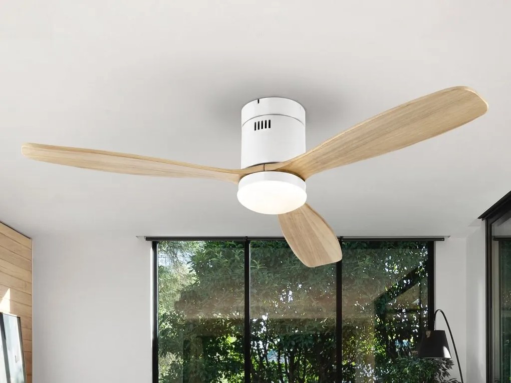 Lustra LED cu Ventilator si telecomanda Siroco D-132cm alb/lemn