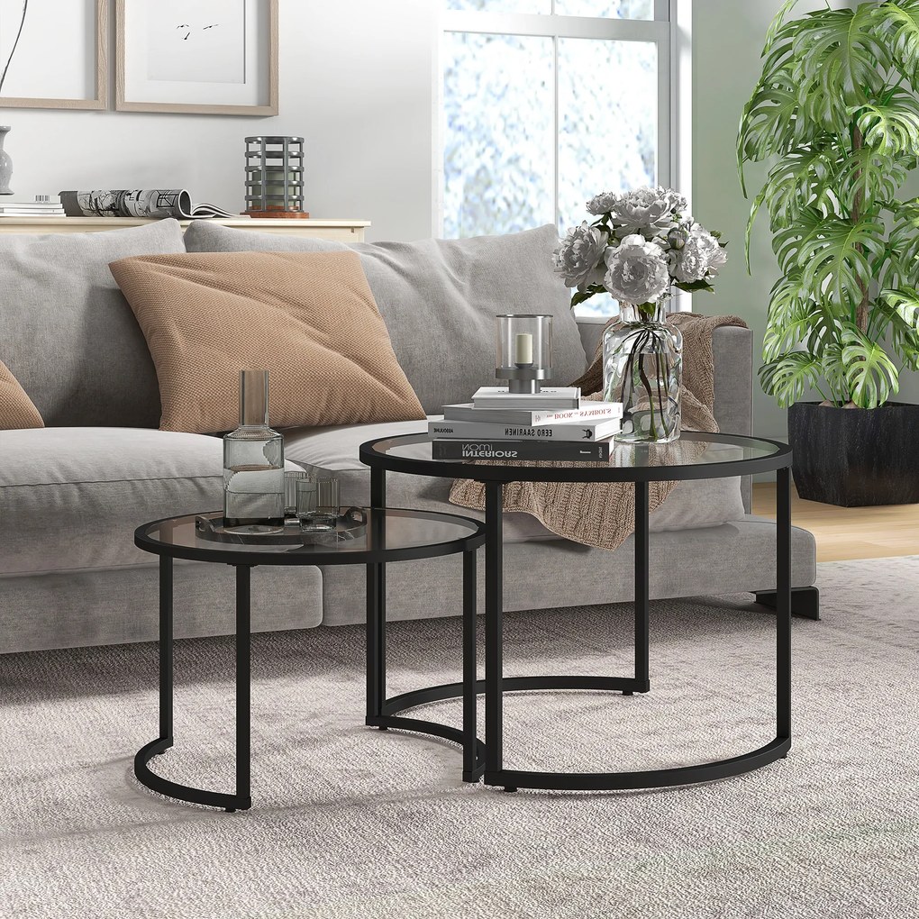 HOMCOM Set de 2 Mese de Cafea Suprapozabile din Sticlă și Oțel, Ø70x47.5 cm și Ø54x42.5 cm, Negru | Aosom Romania