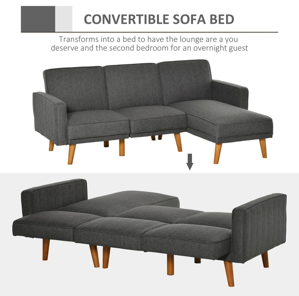 HOMCOM Canapea Extensibila din Tesatura Gri, Canapea Coltar cu 3 Locuri cu Scaun Reversibil si Spatar Reglabil