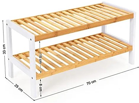 Suport cu 2 rafturi, 70 x 25 x 33 cm, bambus, alb / natural, Songmics