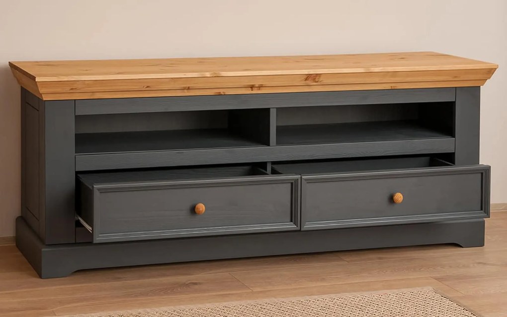 Comodă TV lemn masiv Iris Grafit, 169 × 42 × 63 cm