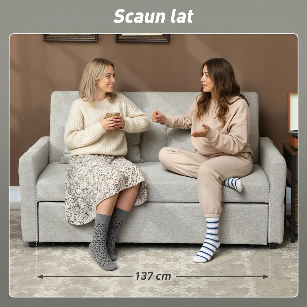 HOMCOM Canapea Pat cu Design Extensibil Clic Clac pentru 2 Locuri - Gri Deschis | Aosom Romania