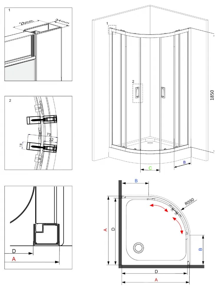 Cabina dus semirotunda cu 2 usi glisante, crom, 80x80 cm, Deante Funkia 800x800 mm