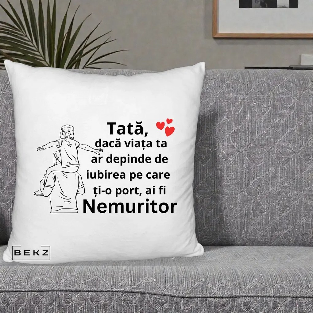 Cadou pentru Tata - Perna Personalizata Tata Supererou Nemuritor, 40x40 cm, Alb Pufos, Husa Detasabila, Perna Inclusa, BEKZ®
