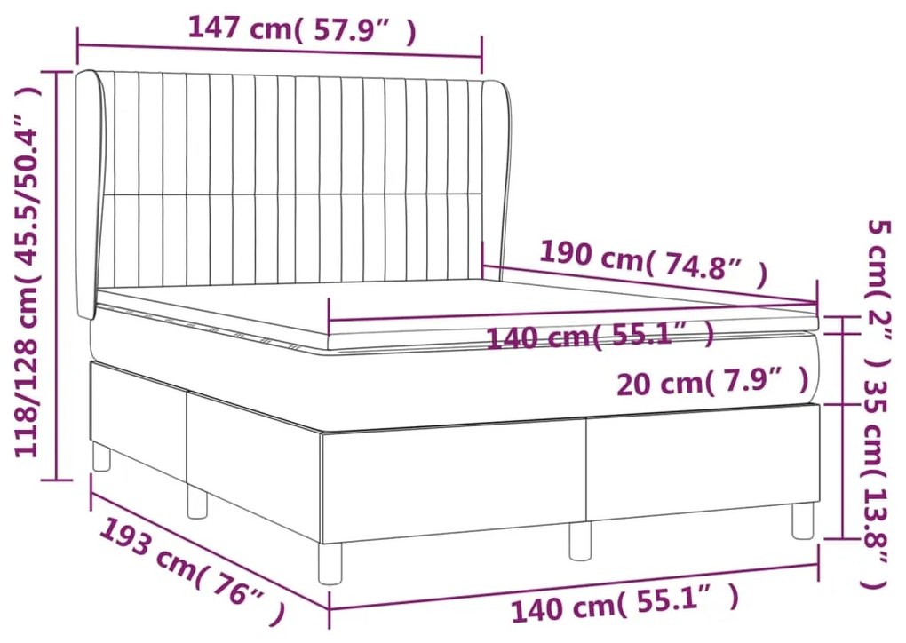 Pat box spring cu saltea, gri deschis, 140x190 cm, textil Gri deschis, 140 x 190 cm, Benzi verticale