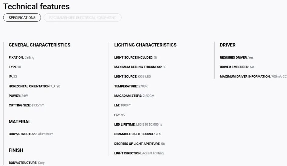 Spot LED incastrabil MINI-OPTIC Grey downlight LED CRI95 17/24W 2700K 56° 1810/2470 lm