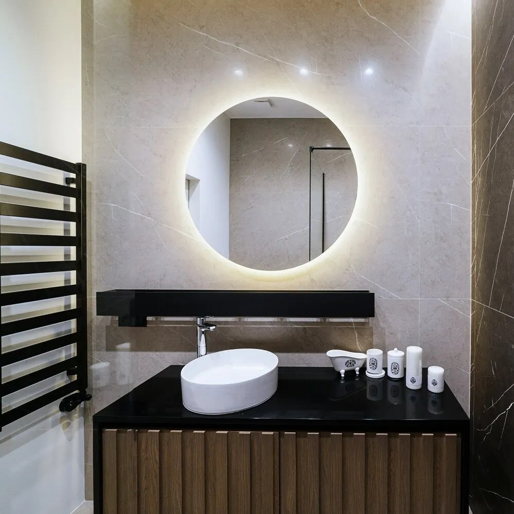Oglinda decorativa rotunda cu iluminare de fundal LED